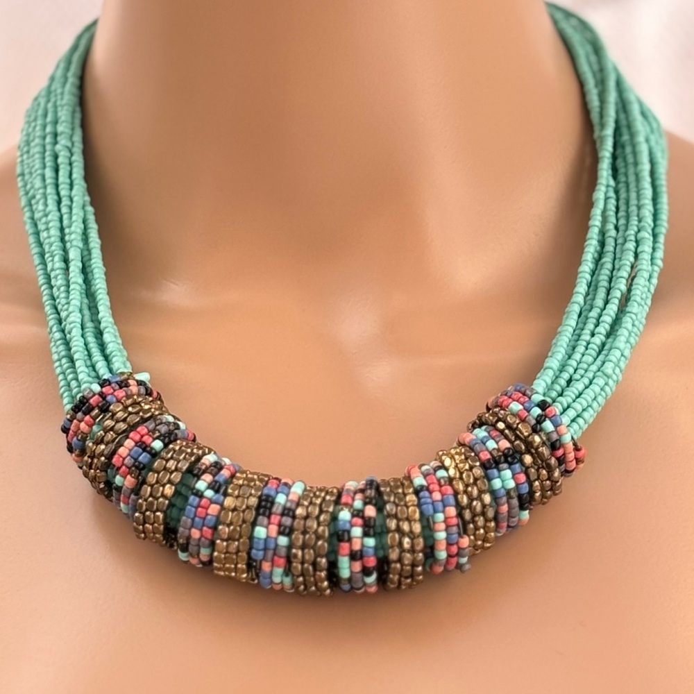 Boho Statement Necklace: Turquoise Beaded Multi-Strand Mosaic Bib - Picture 3 of 10